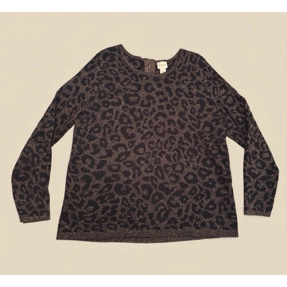 Chico's Long Sleeve Womens Shirt Leopard Animal Print‎ Stretch Size 2